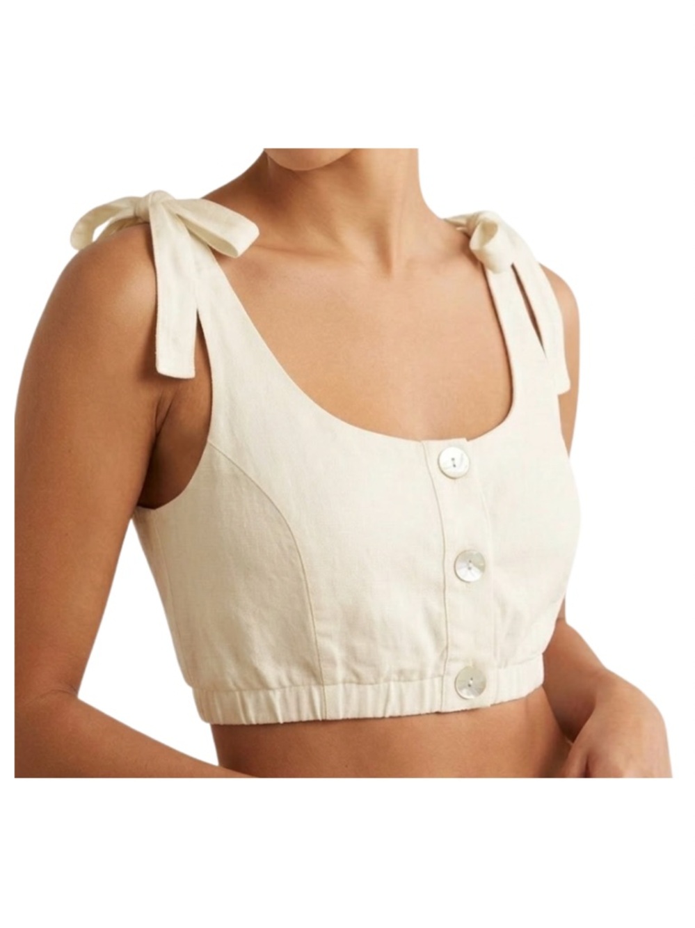 Tie-Shoulder Cream Linen-Blend Crop Top